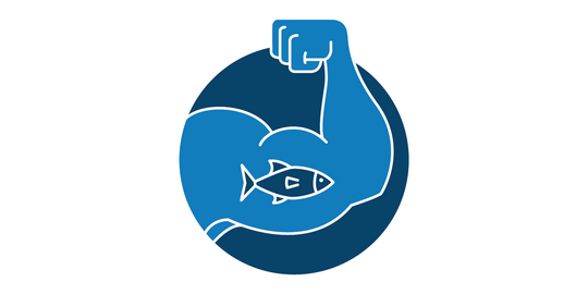 Icon of person flexing bicep with fish overlaid on bicep